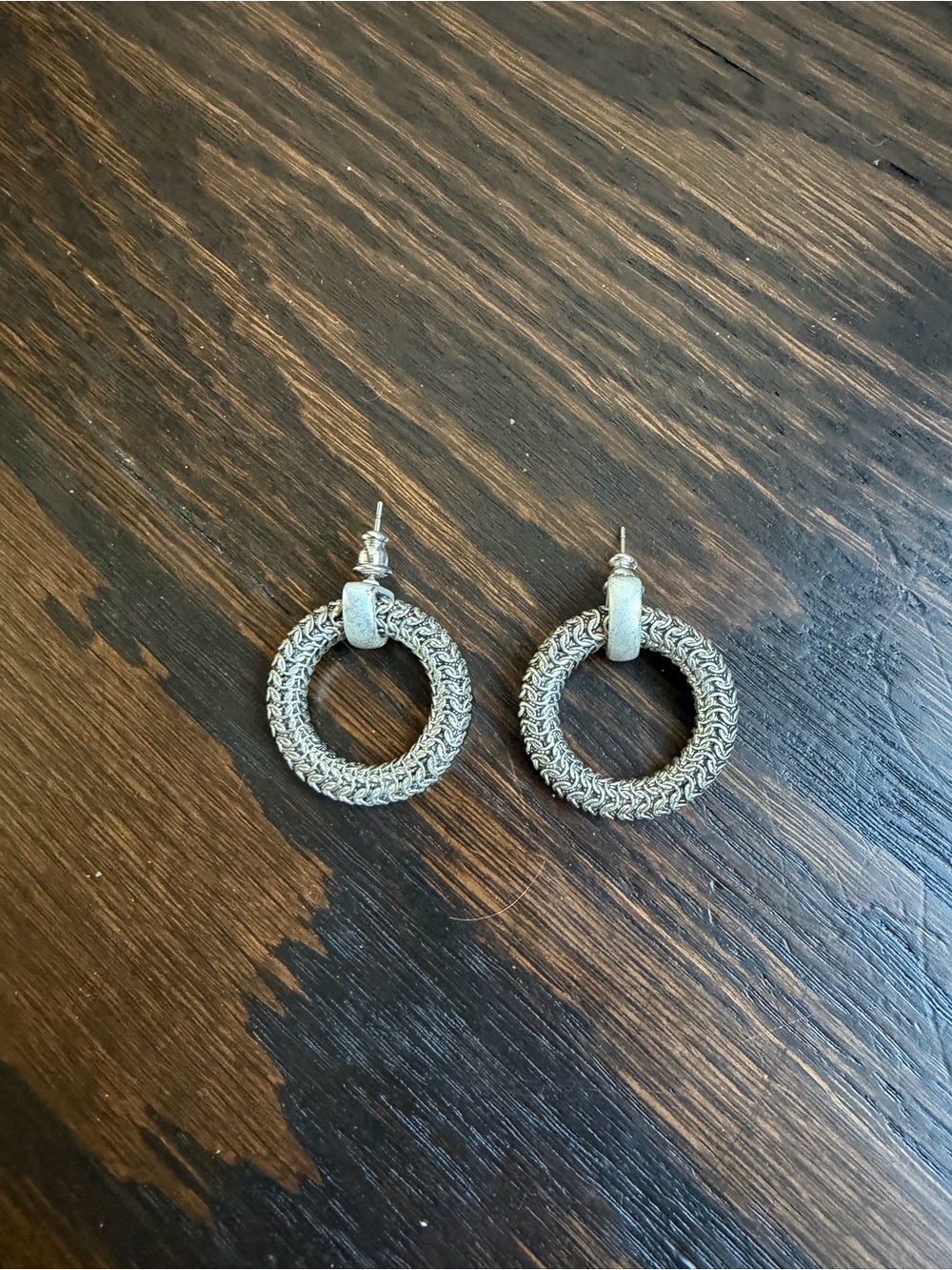 Silver-toned Textured Hoop Drop Earrings